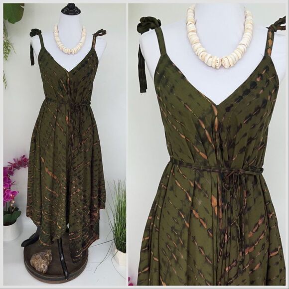 -The Pō`alima Romper  ‘Ohe Green Tan V-Neck Shoulder Tie Romper Boho Gyps… - Picture 1 of 9